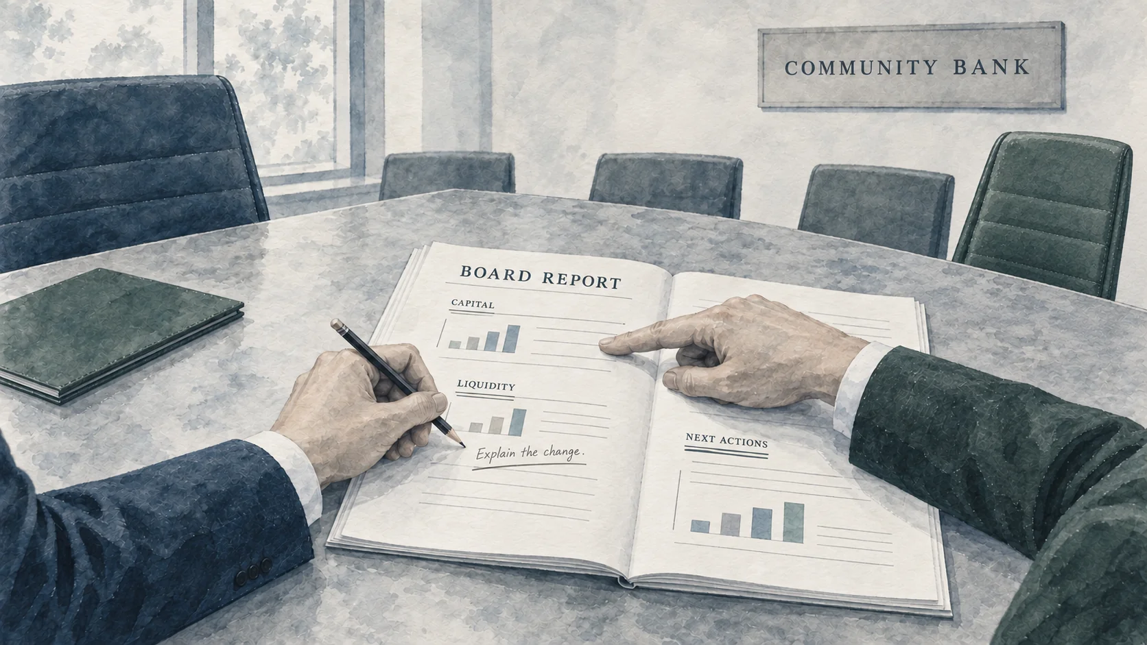 A mentor points to a board-report line while a successor annotates the report with a pencil at a community bank board table. Only hands and sleeves are visible.