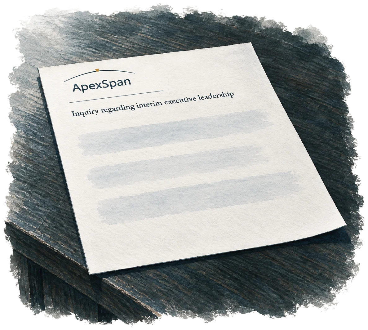 Painted ApexSpan letter on a dark writing desk, headed Inquiry regarding interim executive leadership.