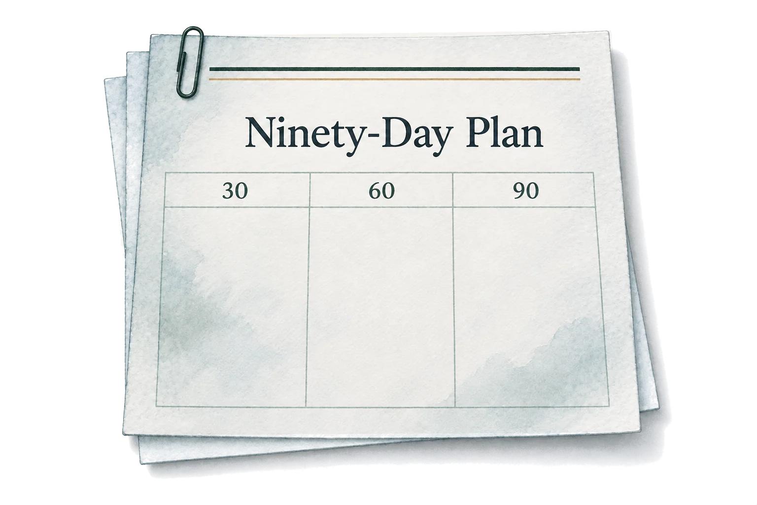 A written ninety-day plan beside a calendar with a defined beginning and end.