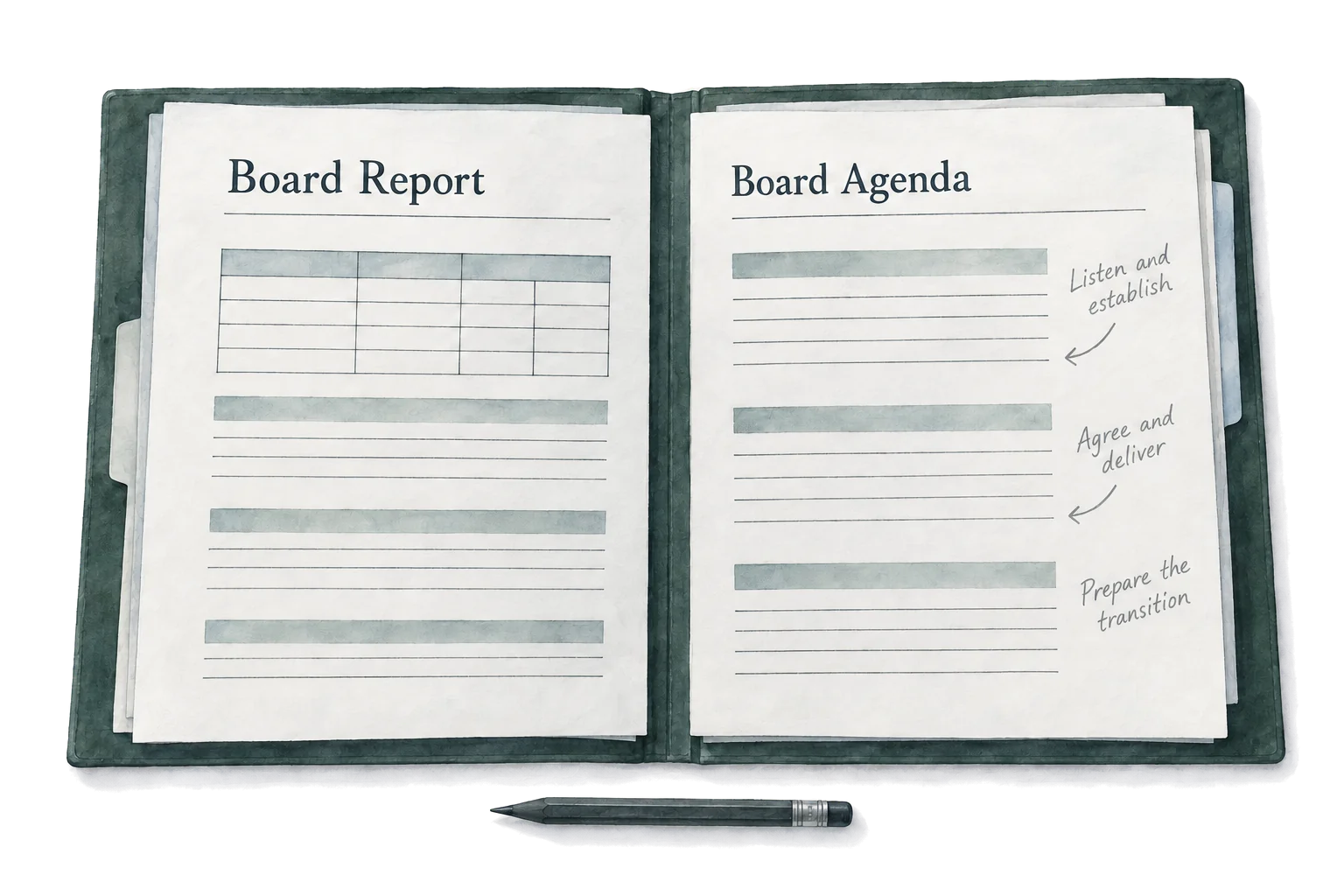 A working board report and agenda with coaching notes in the margin.