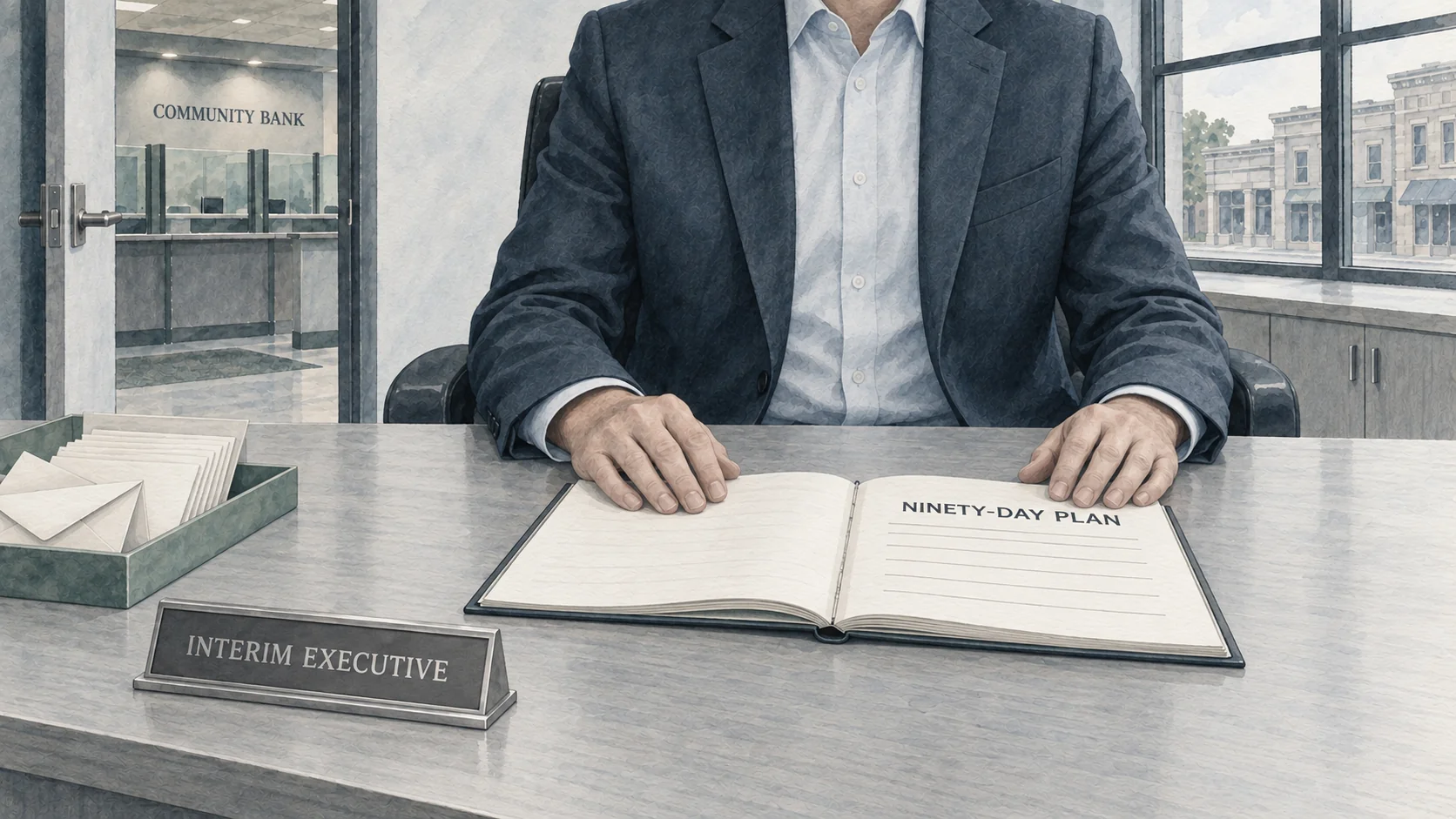 The same bank office with the chair facing the viewer and occupied by an executive cropped at the shoulders, hands resting on the open NINETY-DAY PLAN; no face is visible.