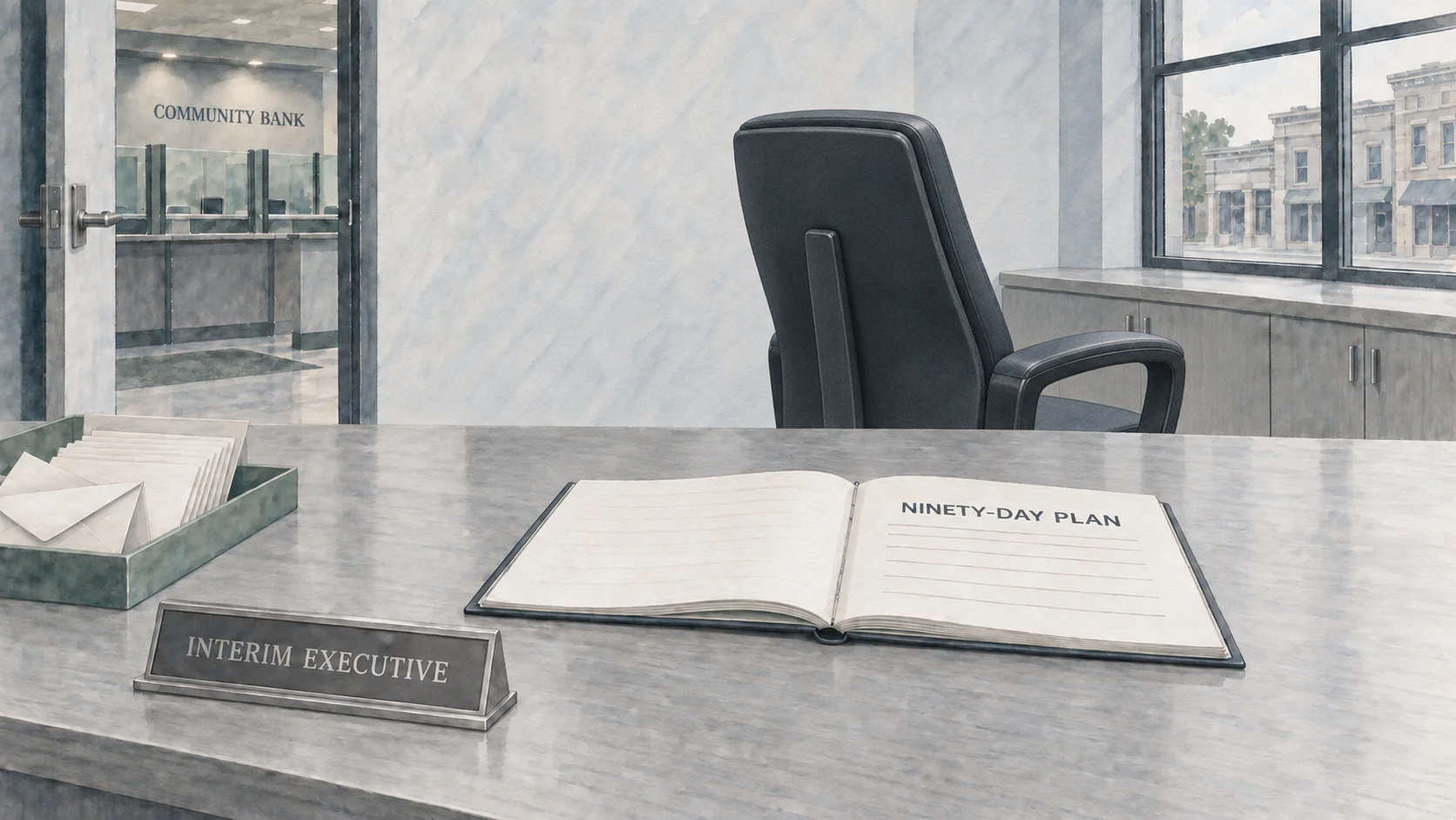 An empty executive chair shows its rear shell toward the viewer, turned toward the bank office window; the open NINETY-DAY PLAN waits on the desk.
