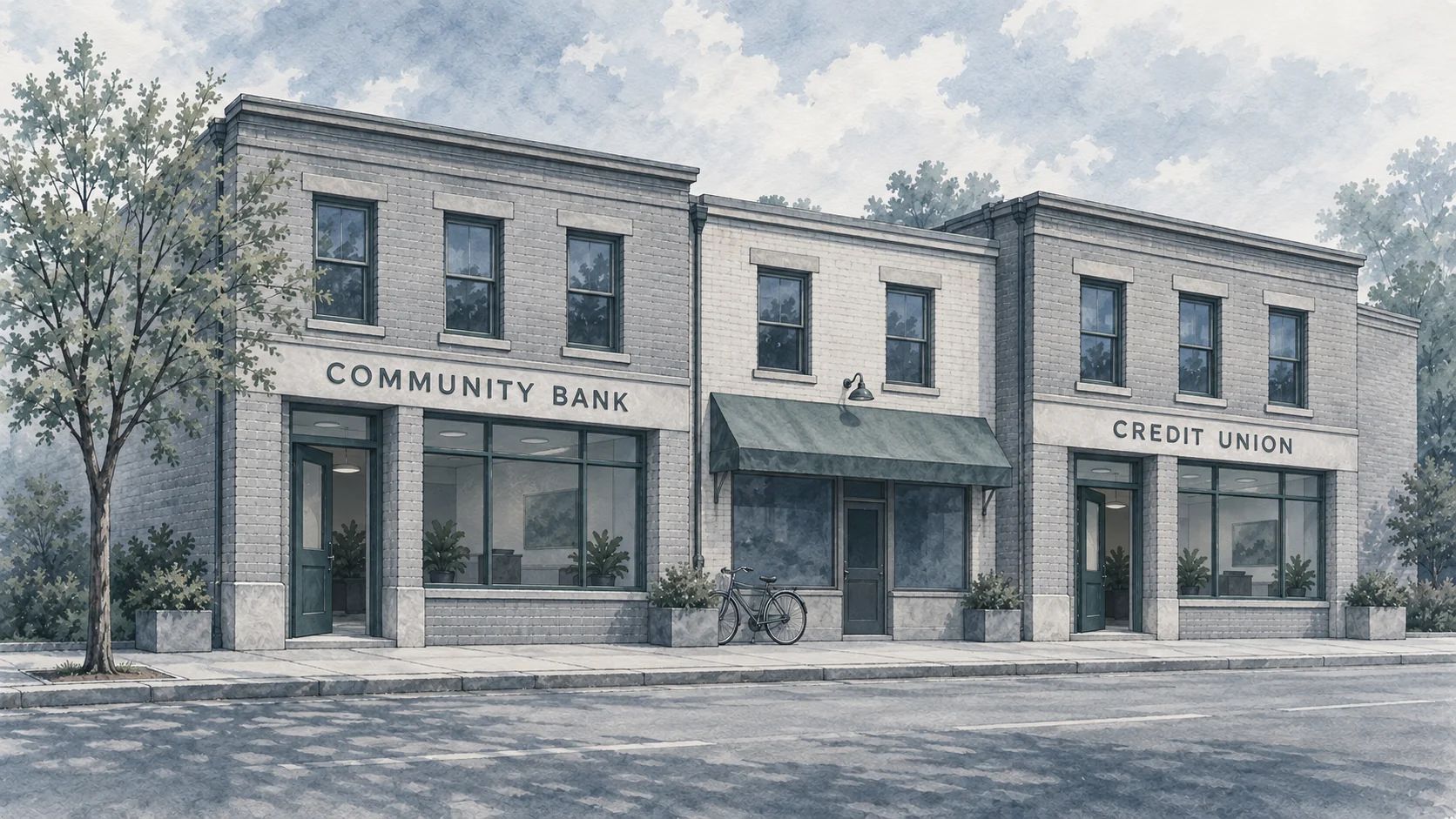 A main-street building with COMMUNITY BANK and CREDIT UNION painted above its two entrances.